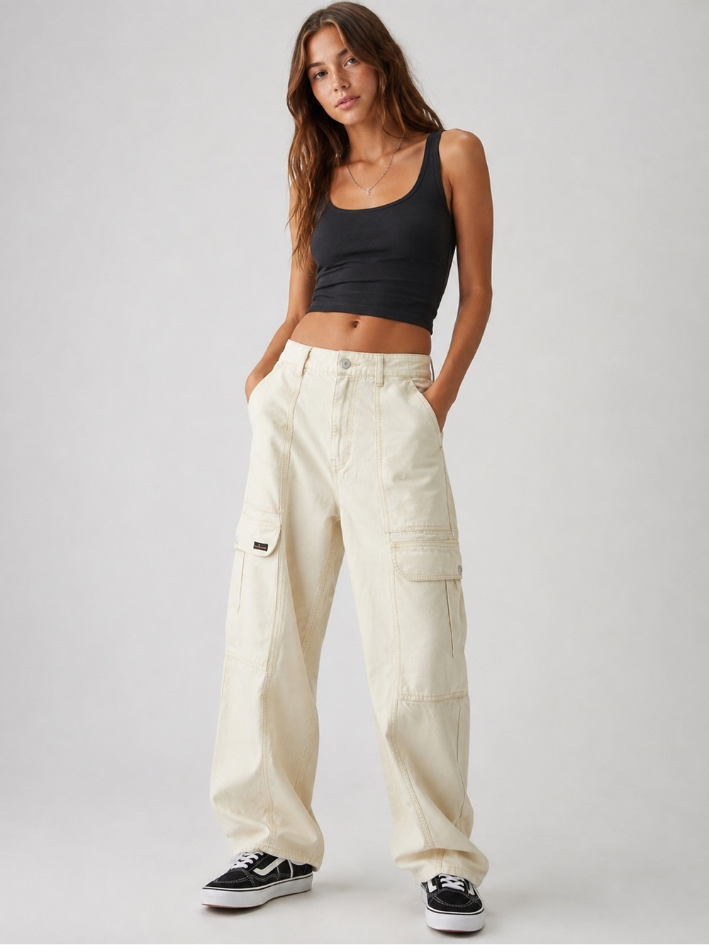 Urban Outfitters BDG Relaxed Skate Wide-Leg Cargo Cream Denim Pants 29 NWOT